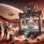 "3D printing of a Mars habitat using indigenous materials, showcasing innovative construction techniques in a futuristic landscape."