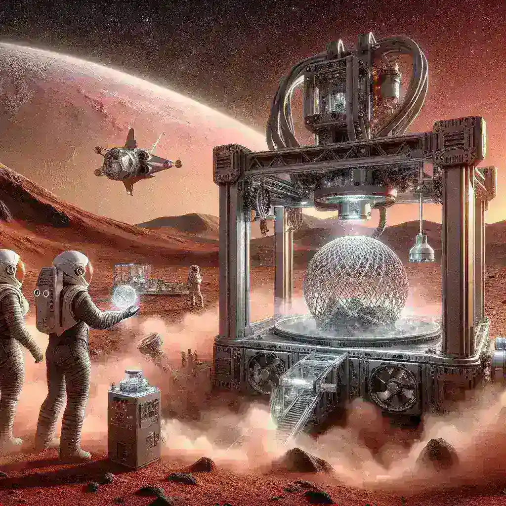 "3D printing of a Mars habitat using indigenous materials, showcasing innovative construction techniques in a futuristic landscape."