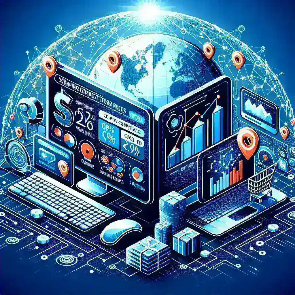 "Image depicting the process of scraping competitor prices for e-commerce using proxy rotation, showcasing key tools and techniques for successful online price monitoring"