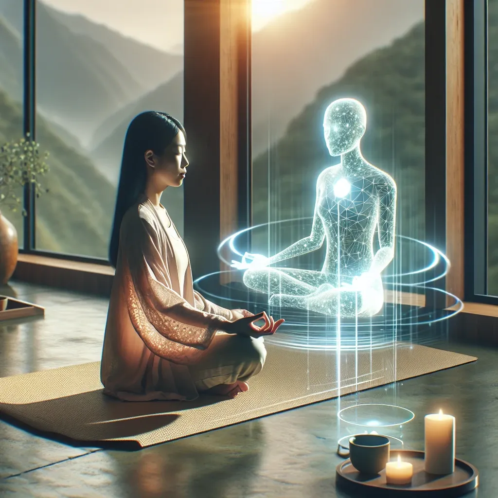 "Peloton introduces generative AI guided meditation for U.S. subscribers, showcasing a serene virtual meditation session with a calming background and digital AI interface."